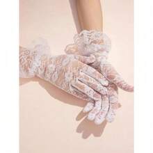 1 Pair Women's Gothic Lace Gloves - Rose & Ruffle Trim Design | Elegant Long Gloves For Halloween & Parties - 白色 - 查看 7