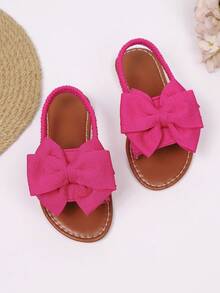 1双幼儿/小女孩玫红色蝴蝶结装饰露趾沙滩凉鞋，防滑橡胶软底，弹性绑带圆头可爱优雅平底凉鞋，适合3-15岁女孩，日常休闲、散步、旅行、派对等场合穿着，2026春夏新款 - 玫紅色 - 查看 2