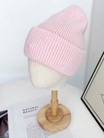 1 pieza Gorro de punto de mujer de unicolor con doble capa y puño, cálido para uso al aire libre en otoño/invierno