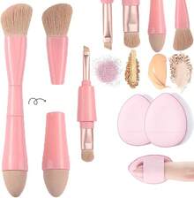 Viaje rochas para maquillaje, Brochas de Viaje, 4 en 1 Juego de brochas de maquillaje, brocha para base de doble punta para base, corrector, cejas, sombra de ojo, con 2 esponjas cosméticas - rosa - Ver 12