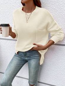 Women's Casual Crew Neck Pullover Solid Color Drop Shoulder Patch Pocket Sweater - Beige - View 5
