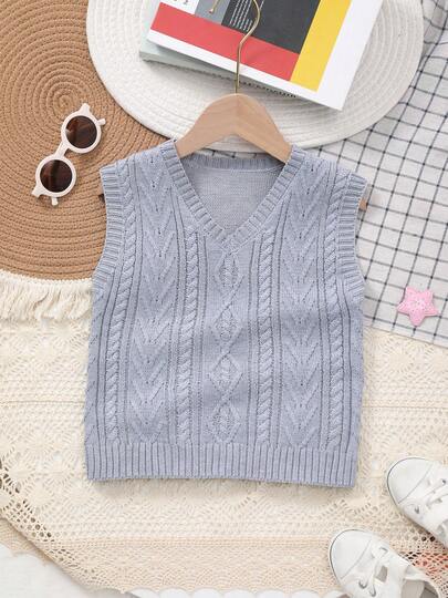 男童学院风纯色麻花针织毛衣背心