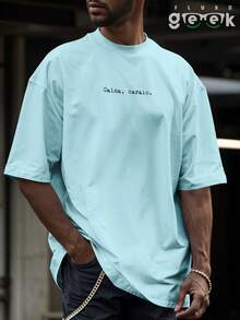 Oversized Gym T-Shirt With Funny Phrase "Calm Down, " REF 3297 FLUXO GEEK - Baby Blue - View 4