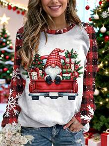 Plus Size Women Christmas Element Printed T-Shirt, Plaid Christmas Tree & Gnome & Snowflake Print Elastic Crew Neck Top, Christmas