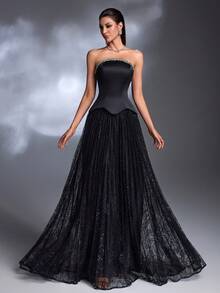 Vestido maxi de encaje plisado 2 en 1 con cuello de volantes y dobladillo de cuentas, hecho a mano de manera elegante y lujosa por AMILUCK. Adecuado para banquetes formales, fiestas de noche, alfombra roja y vestidos de invitada de boda. Color negro, primavera. - Negro - Ver 9