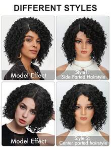 4 * 1 U-Part Lace Black Short Curly 12 Inch Synthetic Wig For Daily Or Party Costume Party Role Play Use For Available Middle Part Or Side Part - Multicolor - View 4