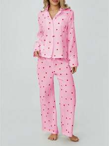 Womens Soft Cotton Heart Print 2 Piece Pajama Set - Long Sleeve Button Shirt Elastic Pants Loungewear - Hồng - Xem 1