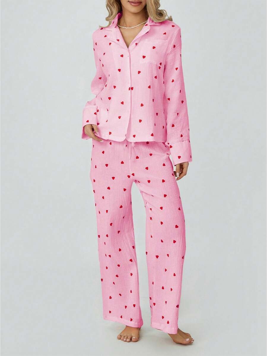 Womens Soft Cotton Heart Print 2 Piece Pajama Set - Long Sleeve Button Shirt Elastic Pants Loungewear - Hồng - Xem 1