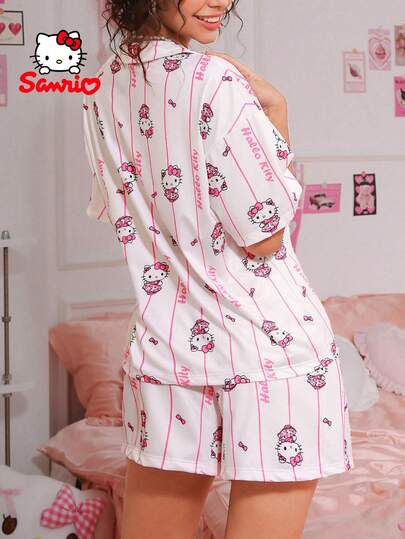  Sanrio 女士两件套 HelloKitty 粉色和白色短袖短裤套装，睡衣，可爱睡衣套装，家居服套装