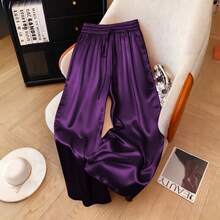 1件纯色梭织面料抽绳腰裤，适合度假、上学、聚会、机场、舞台和音乐会穿着，秋冬季带亮面。 - 紫羅蘭色 - 查看 6