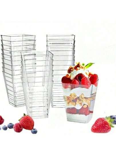 10 piezas Tazas cuadradas de 5 oz/150 ml con tapas - Adecuadas para vasos de fiesta al aire libre, aptas para yogur parfait, helado, pastel de queso y mini postres - Cumpleaños, boda, festividad