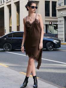 2025 Women's Fashionable New Versatile Sexy Spaghetti Strap Backless V-Neck Slit Satin & Lace Asymmetric Hem Dress, Autumn/Winter - Coffee Brown - View 5