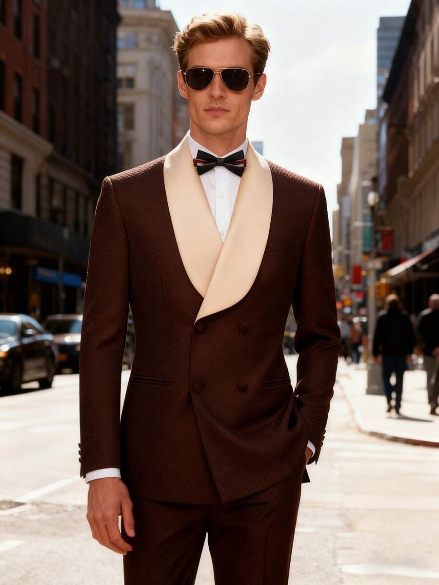 Men's 2-Piece Shawl Collar Suit - Double-Breasted Stretch For Wedding Business - Màu nâu Sô-cô-la - Xem 1