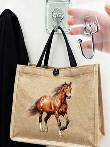 奔马印花亚麻手提包套装，简约大容量单肩包配便携式化妆包，休闲收纳手提包，多功能购物袋，个性化礼品袋或午餐袋 - 全新设计 - 彩色 - 查看 8