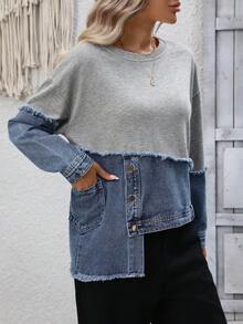 Women's Elegant Patchwork Sweatshirt Top, Spring/Autumn - Gray Blue - View 6