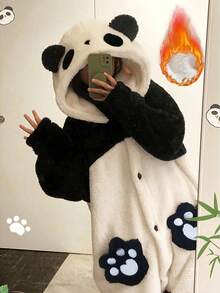熊猫连帽睡袍，冬季保暖女士连帽长款毛绒睡袍，秋冬卡通印花涤纶睡衣，长袖，拉链，略带弹性 - 舒适毛绒角色扮演服装，理想的节日礼物，舒适的浴袍采用耐用的珊瑚绒面料制成，温暖的冬季装饰 - 彩色 - 查看 2