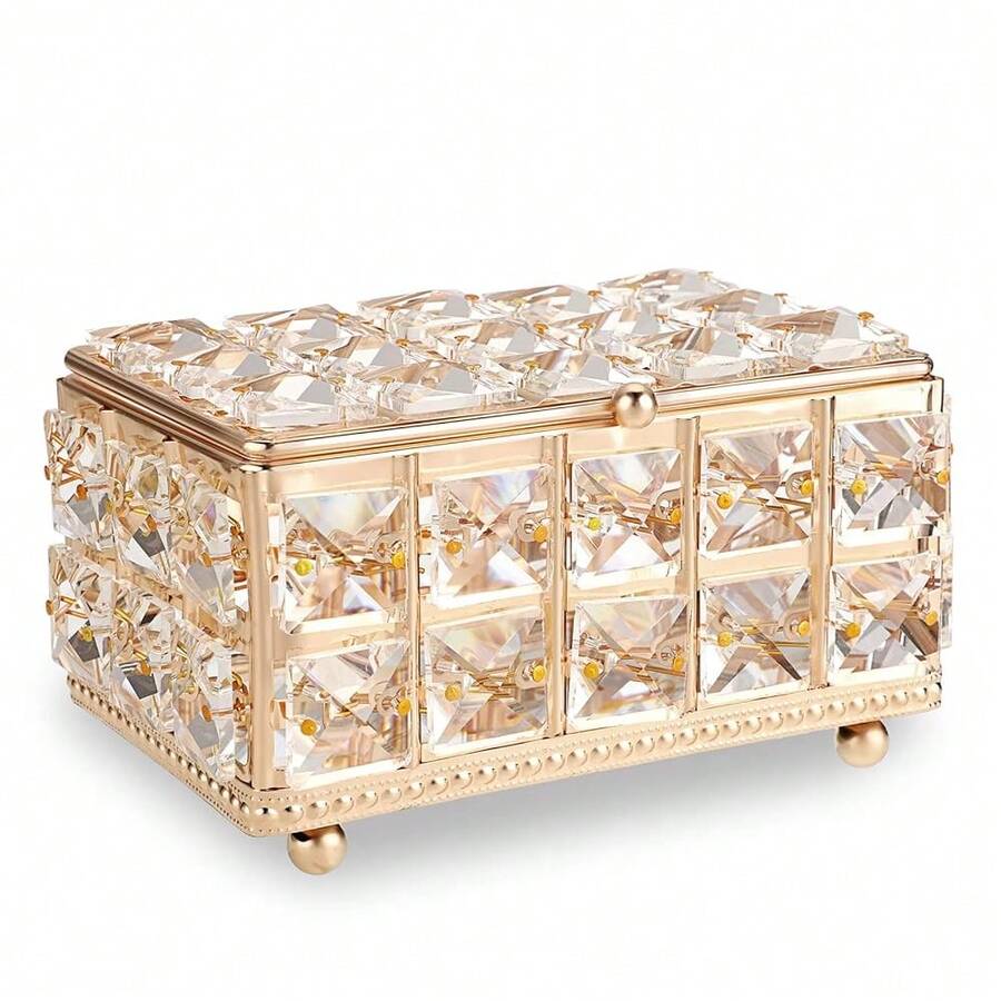 ELLDOO Crystal Jewelry Box Rectangle Trinket Organizer With Lid Earrings Rings Vintage Treasure Keepsake Box For Valentine Wedding Dresser Bedroom Decoration, Gold,Large,Gold - Gold - 查看 1