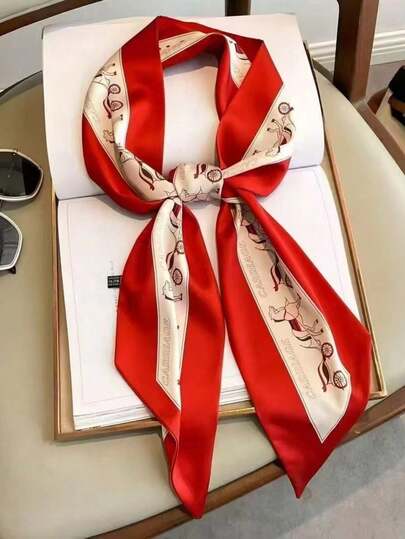 1 pieza Bufanda decorativa de material de satén con patrón de caballos y carruaje en rojo y beige, con acabado de borde bicolor, elegante y vintage, para usar a diario y en Navidad y Año Nuevo