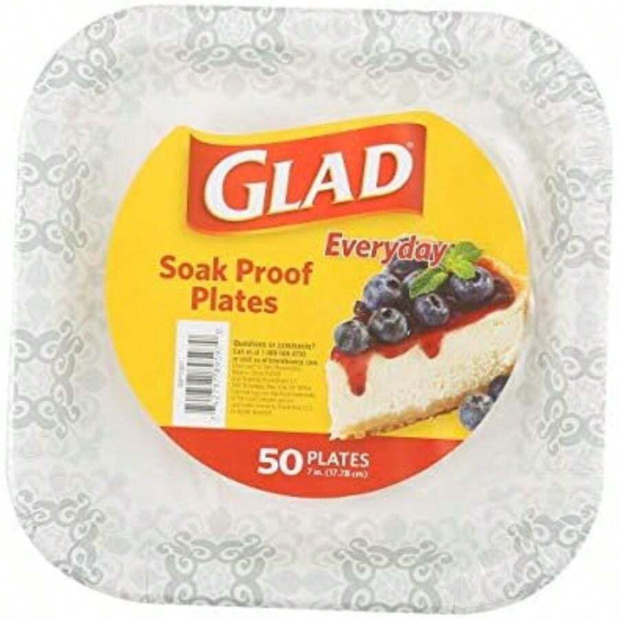 Glad - Platos de papel desechables impresos, 50 unidades de 10 pulgadas, platos de papel resistentes con hermoso diseño impreso, a prueba de remojo, 50 platos de papel cuadrados | Platos desechables,(Gris 50 Count (Pack of 1)) - Multicolor - Ver 1