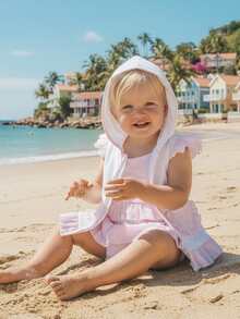 Traje de baño de tres piezas para niñas pequeñas, elegante y moderno, sin mangas, con parte inferior de bikini y cuello halter, bonito conjunto de trajes de baño para vacaciones en la playa. - Rosa - Ver 4