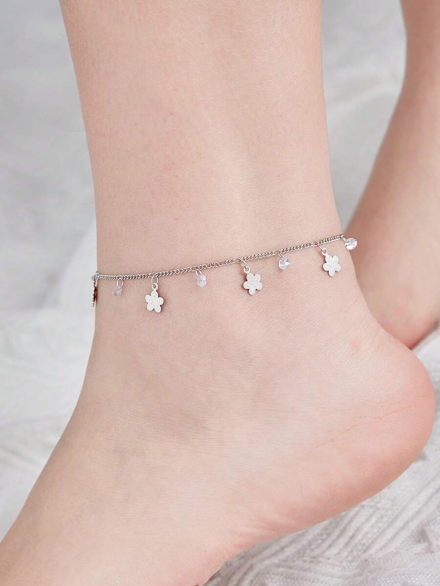 1件女士简约时尚手工花朵锆石流苏脚链(锆石流苏数量随机) - 銀色 - 查看 1