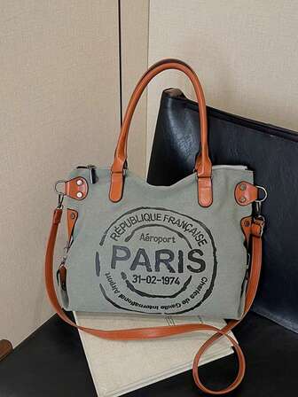 2025新款女士休闲大容量帆布包，时尚通勤单肩斜挎包，撞色手提包