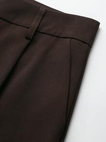 Women's Solid Brown Casual/Office Pleated Straight Leg Pants - Dark Brown - View 3
