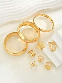 Set de 9 piezas de pulseras tipo brazalete vintage de oro grueso, con dijes de estrella de mar, girasol, perlas falsas, conchas falsas y anillos geométricos bohemios, adecuado para mujeres en vacaciones, citas, fiestas y uso diario - Amarillo Oro - Ver 7