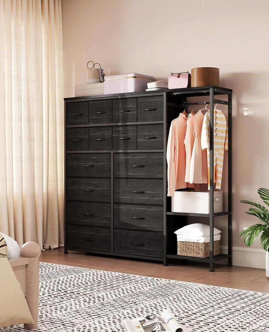 Dragonpad Clothes Storage Rack Drawer Dresser With 16-Drawer And 2-Tier Shelves, Space Saving Freestanding Wardrobe For Small Bedroom/Apartment | No Assembly Needed, Breathable Fabric Drawers - Black - View 1