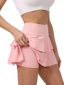 Women Mini Tennis Skirt Solid Color Double Layer High Waist Built-in Shorts Workout Skorts - Rosa - Ver 3