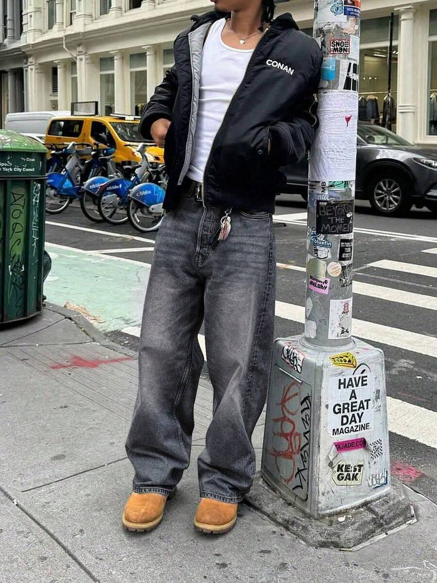 Men's Loose Fit Jeans, Non-Stretch Denim Jeans, Versatile For Everyday Wear, Baggy Leg Washed Jeans With Slant Pockets, Cotton Casual Streetwear Jeans - Flame scarlet - View 1