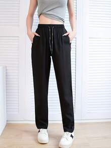Calça feminina leve, casual, esportiva, de perna reta, com bolsos com zíper, cintura elástica, ideal para exercícios e uso diário, primavera/outono (1 peça). - Preto - Ver 8