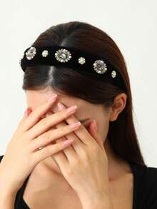 1件珍珠发箍，天鹅绒发箍，带珍珠花朵海绵宽发箍，黑色 - 黑色 - 查看 5