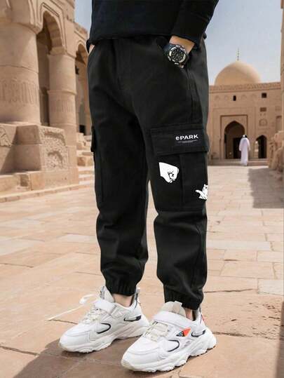 1pc Tween Boy Casual Outdoor Pocket Cartoon Print Cargo Pants, Spring/Summer/Autumn