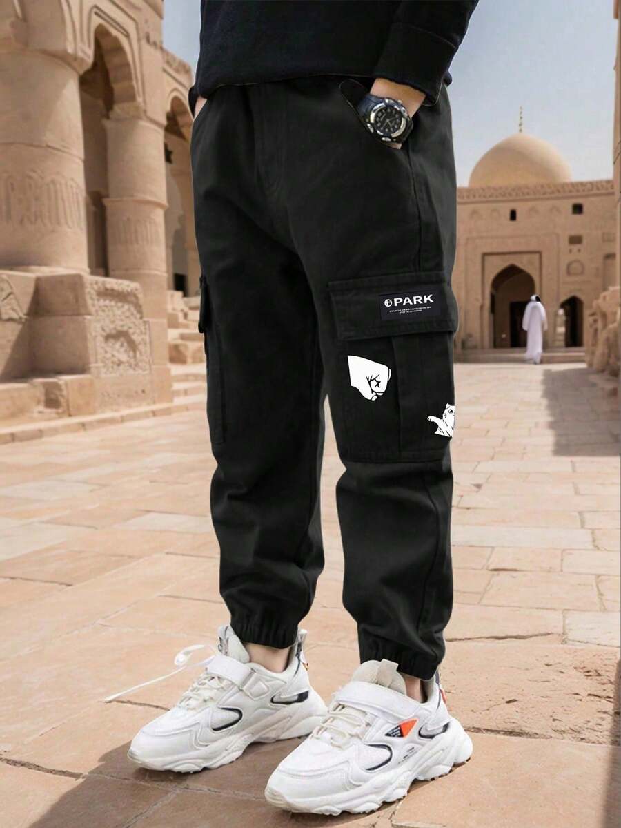 1pc Tween Boy Casual Outdoor Pocket Cartoon Print Cargo Pants, Spring/Summer/Autumn - Black - View 1
