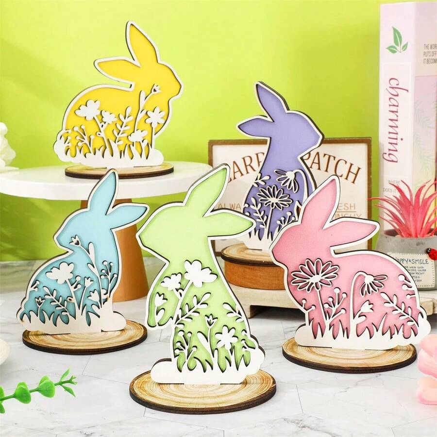 5 piezas de adorno de conejo de madera de Pascua, figura creativa de conejo del Festival de Primavera para sala de estar, dormitorio, TV, mueble de oficina - Multicolor - Ver 1