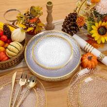10pcs Transparent Hammered Gold Rim Plates, Salad Plates - Includes 10pcs 10.25 Inch Plates Or 10pcs 7.5 Inch Plates, Essential For Dinner, Dessert, Party, Wedding - Clear - View 7