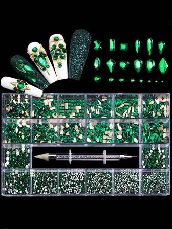 21片装美甲平钻套装，包含2500颗圆形钻石和600颗异形扁平钻石，多形状水钻套装盒装，附赠点钻笔，适合美甲DIY装饰
