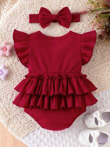 1 pièce Body bébé/tout-petit fille mignon de couleur unie côtelé à manches courtes + bandeau, confortable pour le printemps/l'été - Rouge - Voir 2