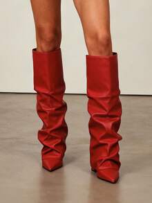 Knee High Fold Over Shark Boots For Women Slouchy Pointed Toe Block Thick High Heels Pull On Fashion Punk Pleated Boots Woman - Đỏ - Xem 5