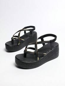 Plus Size Women's Unique Design Gold-Edged Non-Monotonous Textured Leather-Feel Insole Non-Slip Elastic Band Easy Slip-On Thick Polyurethane Sole Lightweight Comfortable For Long Wear, Thong Strap Summer Breathable Fashionable, Suitable For Casual, Vacation, Party, Commuting, Versatile Sandals For Spring/Summer - Black - View 4