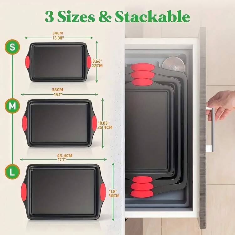 LugoBox 3PCS Carbon Steel Non-Stick Baking Pan | Commercial Restaurant Grade, Double-Sided Non-Stick Coating, Luxurious & Stylish Design With Red Silicone Handle - Kitchen Bakeware - màu đen - Xem 3