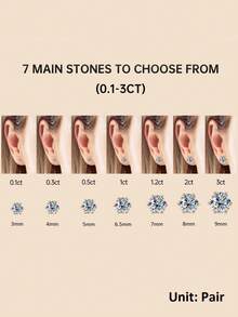 XUJIA 一对925纯银皇冠六爪莫桑石耳钉，3毫米/4毫米/5毫米/6.5毫米/8毫米/9毫米经典圆形D色VVS1净度宝石，金色，珠宝礼品