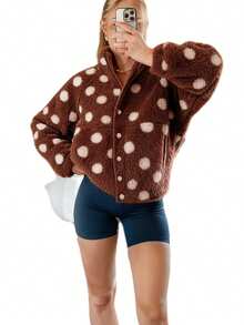 Womens Fall Winter Fleece Jacket Dot Pattern Long Sleeve Lapel Button Down Sherpa Coat - Multicolor - View 5