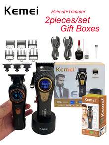 Kemei Professional Hair Clipper KM-2242 USB Rechargeable High Power Hair Clipper KM-999 Electric Hair Clipper 0mm Precision Trimmer Hair Clipper + Trimmer Set Men's New Year Hair Clipper - Black - View 16