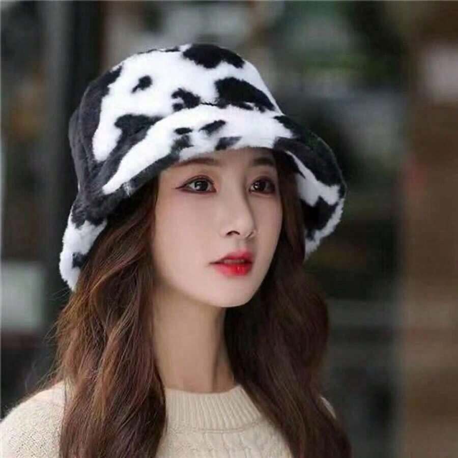 Japanese Style Fashionable Cow Print Bucket Hat For Women, Autumn And Winter, Korean All-Match Bucket Hat With Thickened Warmth Cute Winter Outfits - 彩色 - 查看 1