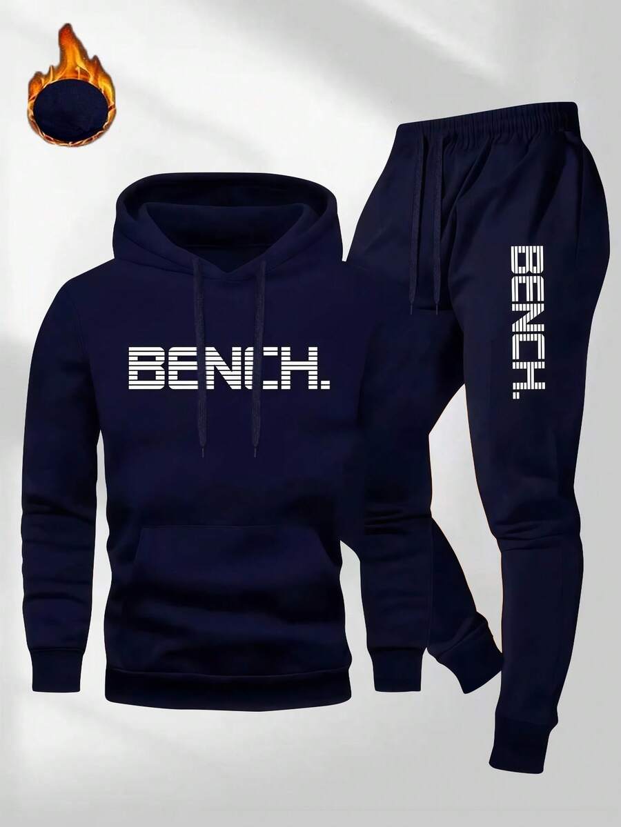 男士休闲卡通 BENCH 字母抽绳口袋连帽衫和抽绳运动裤套装（2 件/套）春季款 - 藏蓝色 - 查看 1