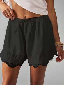 Women Drawstring Shorts Casual Loose Fit Stylish Solid Lace Trim Mid Rise Shorts - Negro - Ver 2