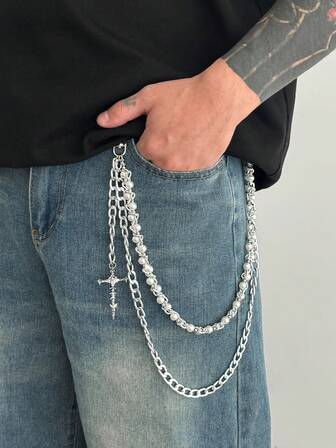 1件装时尚休闲仿珍珠缠绕式链条腰带，男士个性魅力长剑十字吊坠身体链，适合日常佩戴、派对、节日、生日等场合，腰部配饰