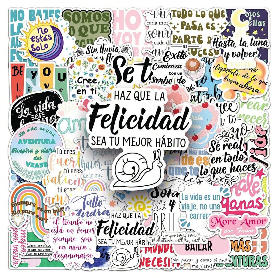50pcs Motivational Stickers, Letter Stickers, Encouragement Stickers, Affirmation Stickers, Spanish Stickers, Cartoon Stickers, Waterproof Vinyl Stickers, Suitable For Water Bottles, Tumblers, Guitars, Luggage, Phones, Phone Cases, Laptops, Skateboards, Gifts - Multicolor - View 1